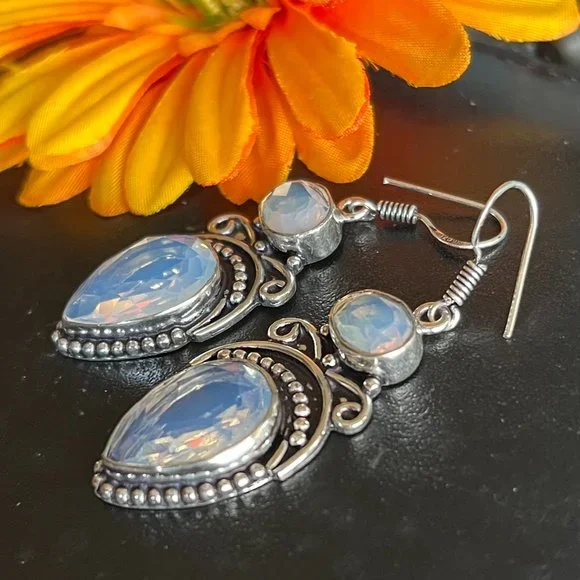 Opalite Earrings Handmade Gemstone Crystal Dangles 925 Silver Bohemian Ethnic - Picture 4 of 7